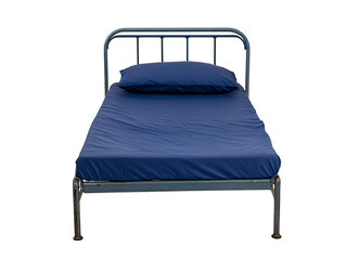 a blue bed with a pillow