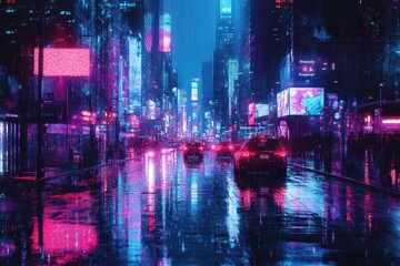 Obraz premium Cyberpunk City Street at Night with Rain and Neon Lights