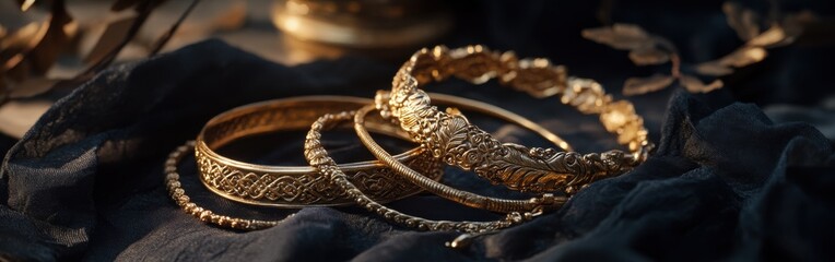 Dramatic display of Indigenous gold jewelry highlighting intricate designs and cultural significance in a rich setting