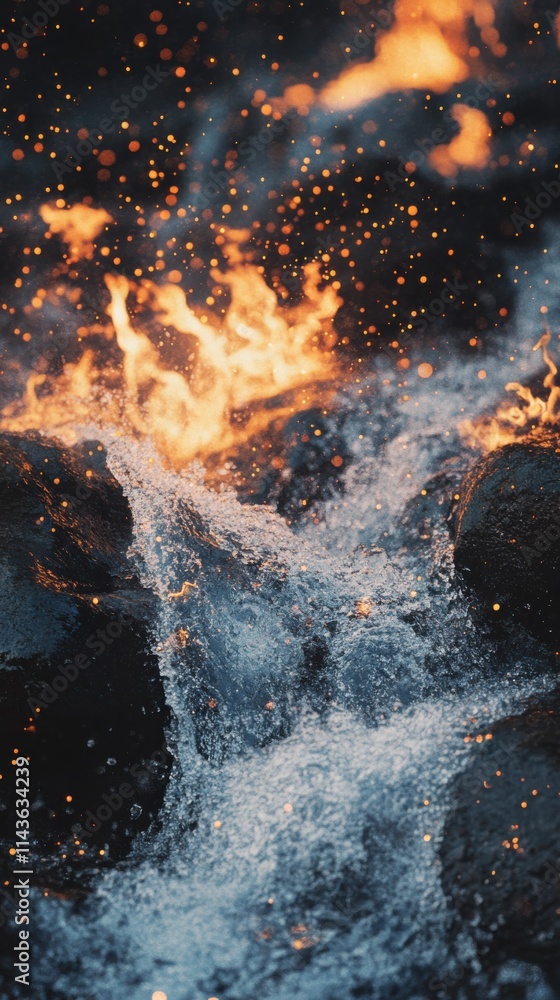 Poster water cascades down rocky surface with dynamic double exposure effect capturing fire elements