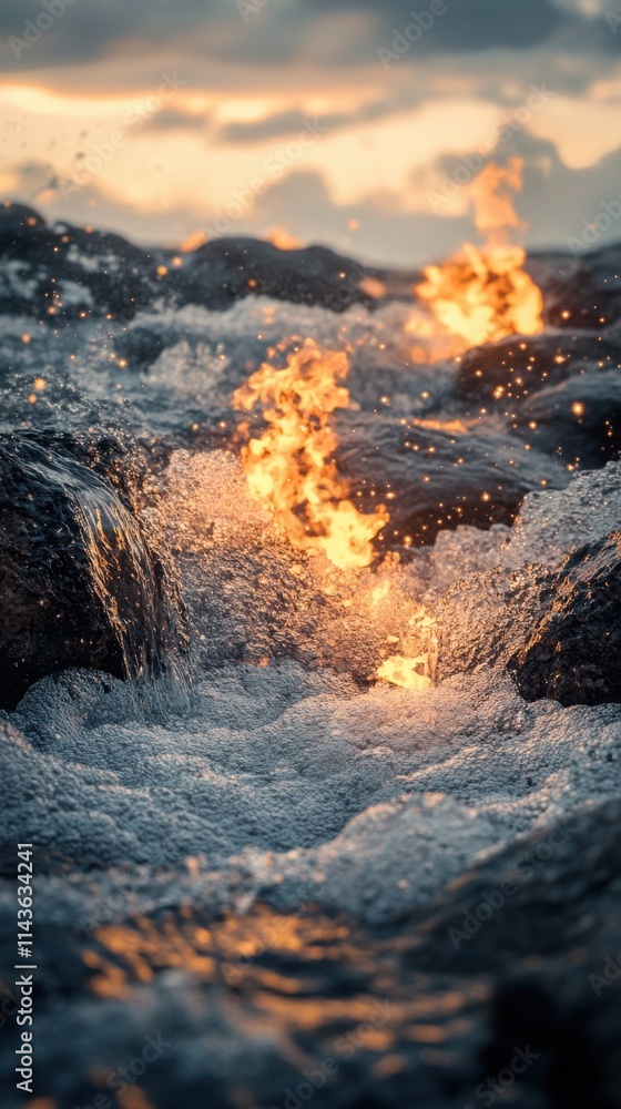 Poster Cascading water flows over rocks with a stunning double exposure effect capturing flames