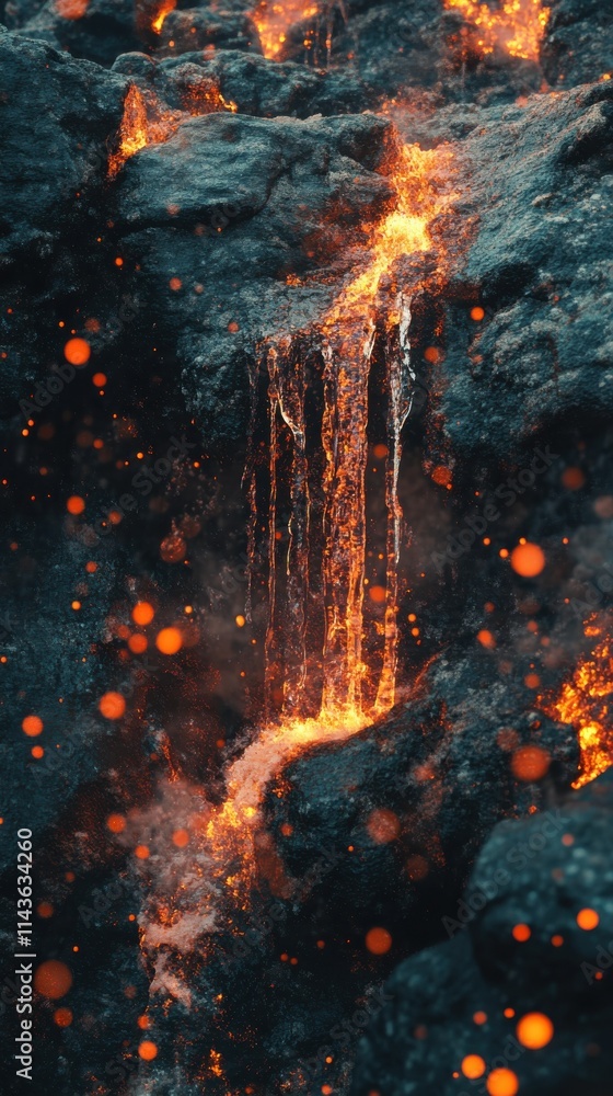 Poster cascading water flows down rocky terrain, creating a stunning double exposure effect at dusk with fi