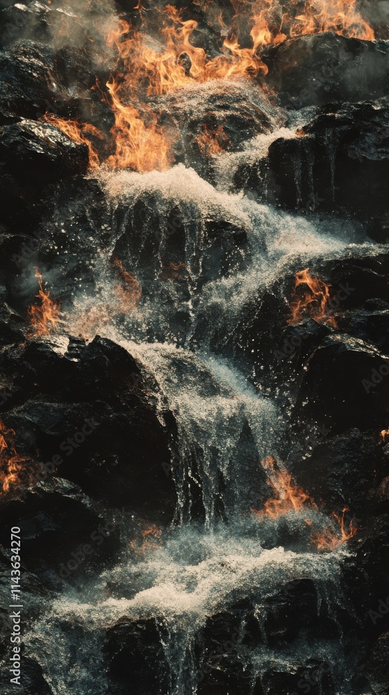 Poster Water flows rapidly down rocky terrain creating a mesmerizing double exposure effect