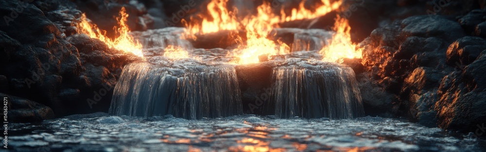 Poster Cascading water flows with flickering flames creating a stunning double exposure effect in a tranquil natural setting