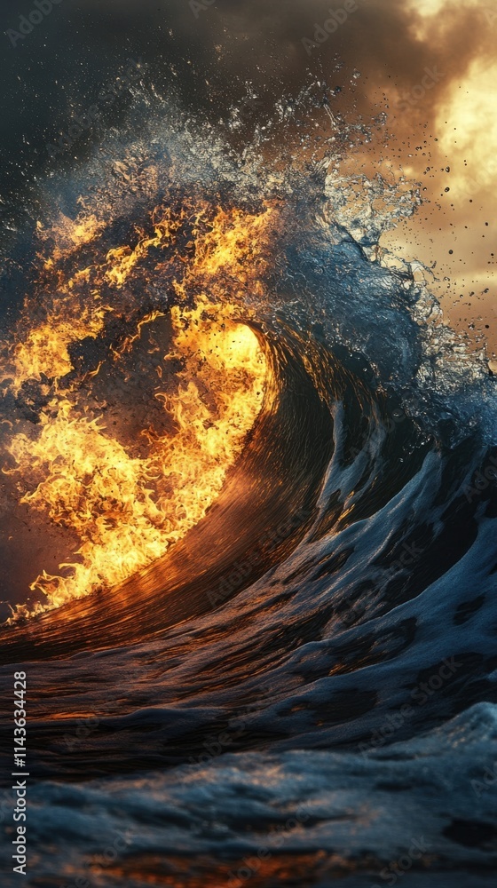 Poster double exposure showcasing a dramatic wave crashing with fiery elements at sunset on the ocean