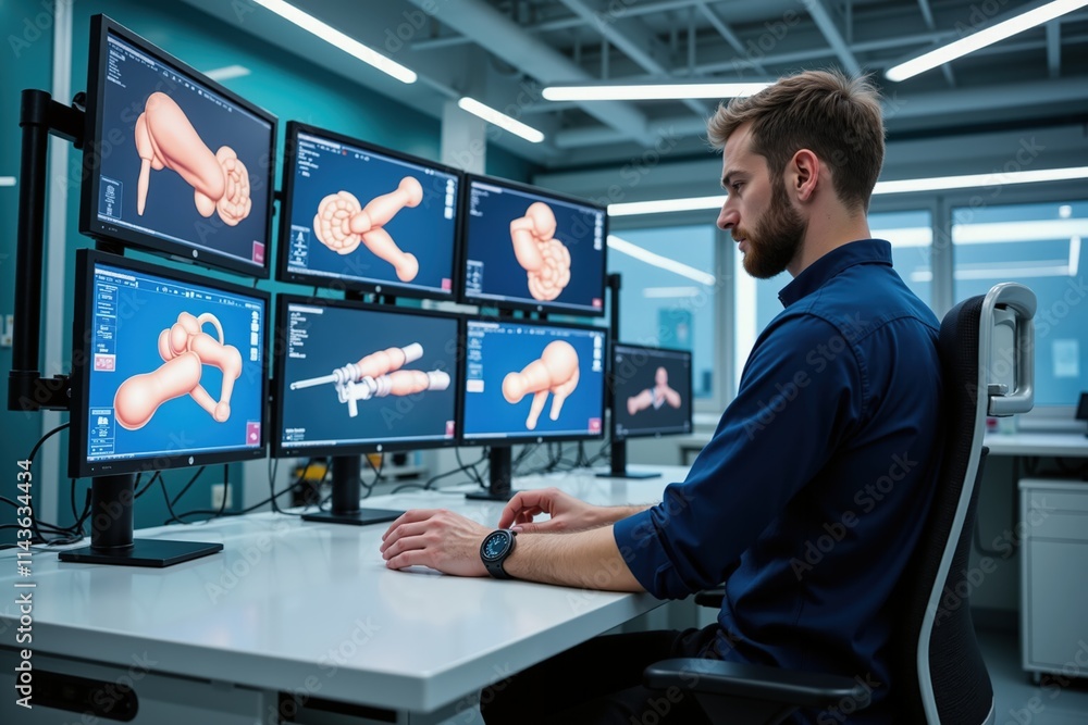 Poster man working on medical prosthetic arm design in 3d modeling software at modern office.