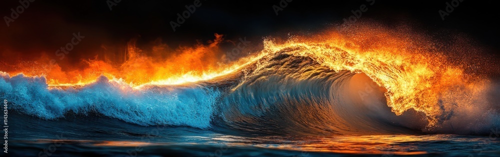 Poster mesmerizing double exposure of a crashing wave illuminated by fiery colors at sunset