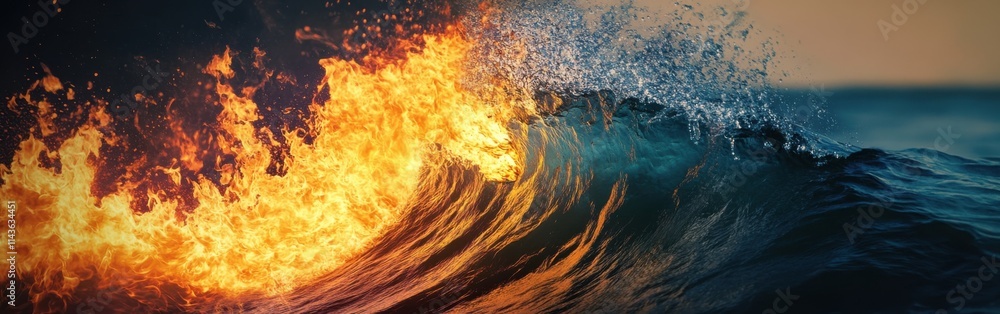 Poster captivating double exposure of a crashing wave blending with fiery flames at sunset on the ocean sho
