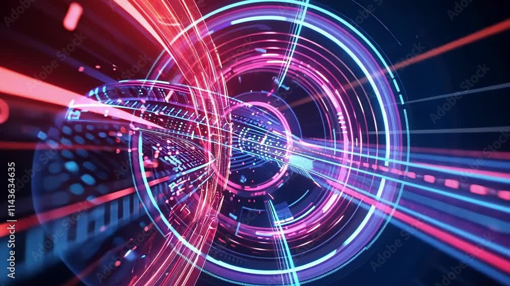Poster glowing neon light trails and digital data stream rapidly transmitting through cyberspace tunnel, cr