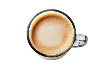 top view of a glass cup of coffee with foam on a transparent background