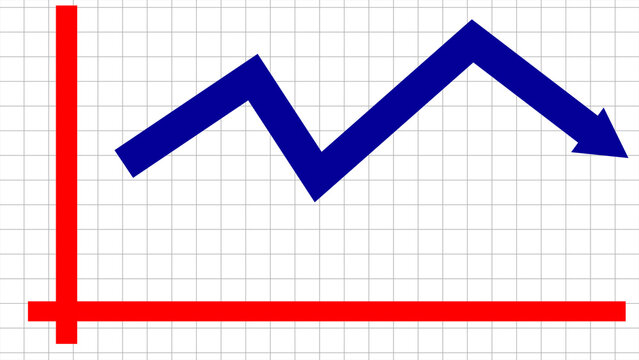 A business graph up to a down blue arrow. Blue arrow chart graph on a white background with a grid.