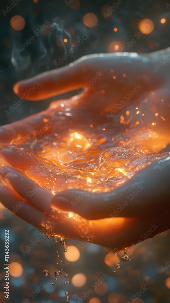 Poster hands cupping water with flames at sunset creating a captivating visual contrast in nature