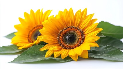 Naklejka premium Bright yellow sunflower with green leaves isolated on a white background cheerful and fresh design