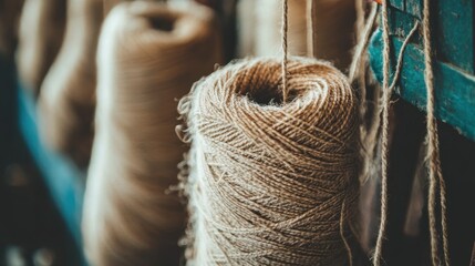 Close-up of hemp fibers being spun into yarn at a textile workshop in a rural area during daylight