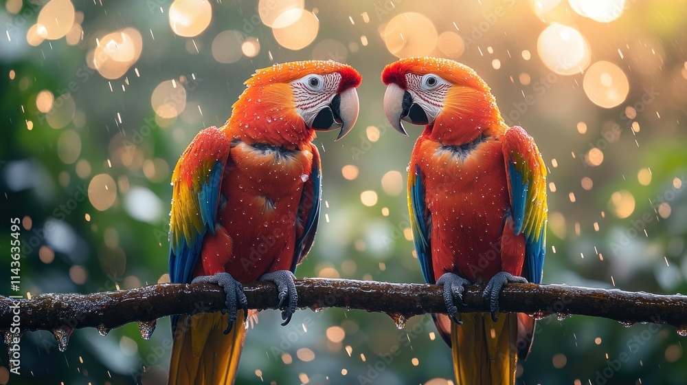 Poster two scarlet macaws perched on a branch, facing each other in the rain with bokeh background.
