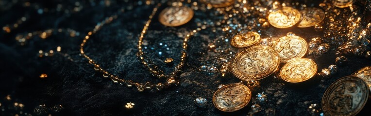 Close-up view of ancient gold coins and jeweled treasures revealing historical artistry and craftsmanship
