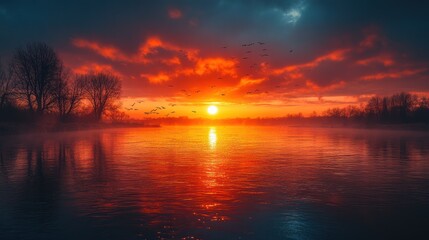 Vibrant sunset over calm river, silhouetted trees, birds in flight.