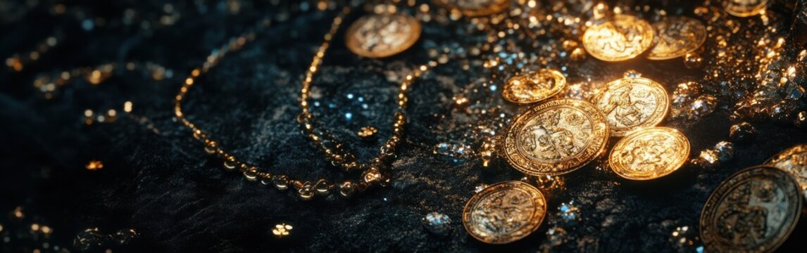 Close-up view of ancient gold coins and jeweled treasures revealing historical artistry and craftsmanship