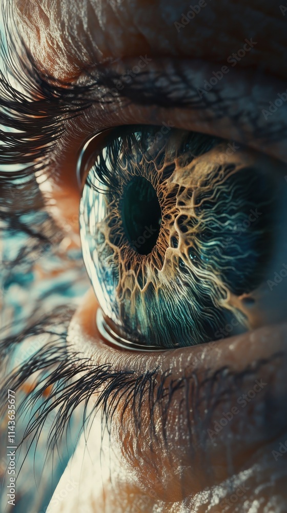 Poster Close-up view of a human eye showcasing intricate details and unique patterns in the iris with a striking double effect