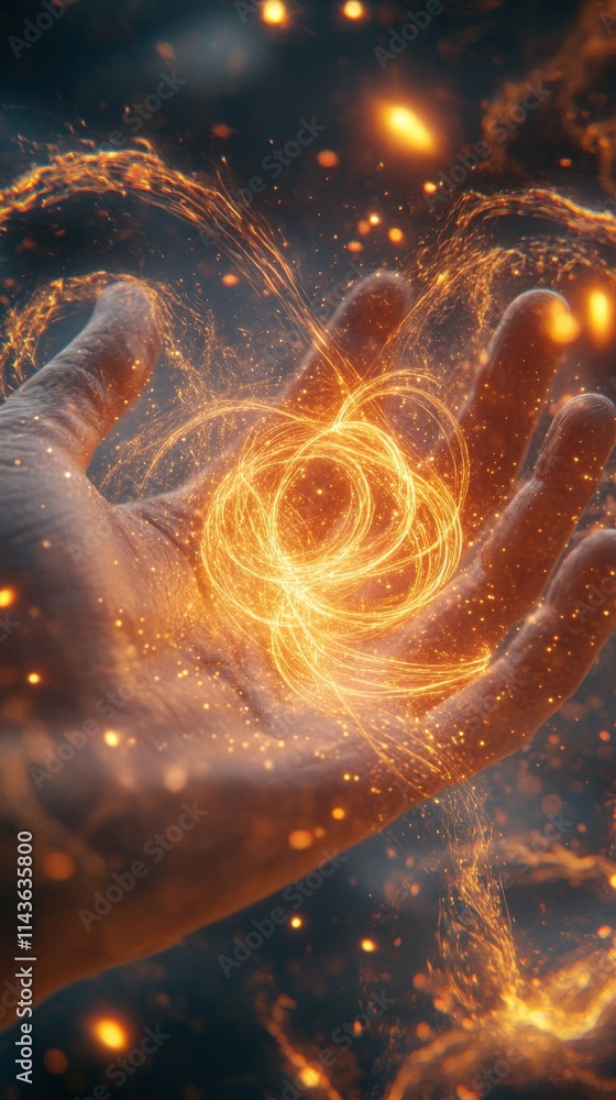 Poster mystical hand reaching out, exhibiting vibrant energy and intricate motion in a dynamic display of m