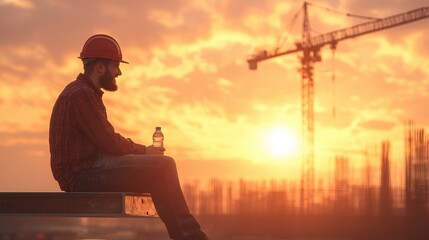 Fototapeta premium Construction worker in a red hard hat sitting on steel beam with a water bottle during sunset with crane in background