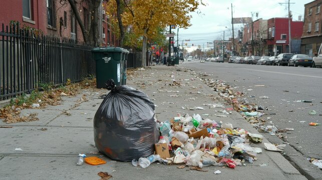 86.A bulging city trash bag with various types of waste visible, placed on the sidewalk beside a street trash can overflowing with litter. Surrounding the bag are pieces of scattered garbage,