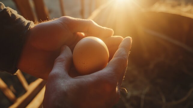Farmers hands gently cradling a fresh egg in warm sunlight during an early morning on the farm