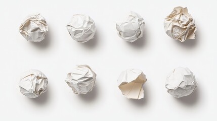 72.A collection of detailed crumpled paper balls isolated against a bright, clean background. The paper is wrinkled with a natural texture, showing complex folds and shadows that add depth. Each ball