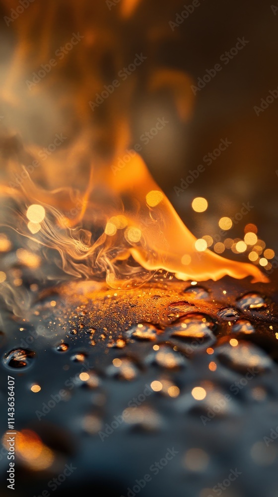 Poster close-up view of burning embers with droplets highlighting the contrast between fire and water on a 