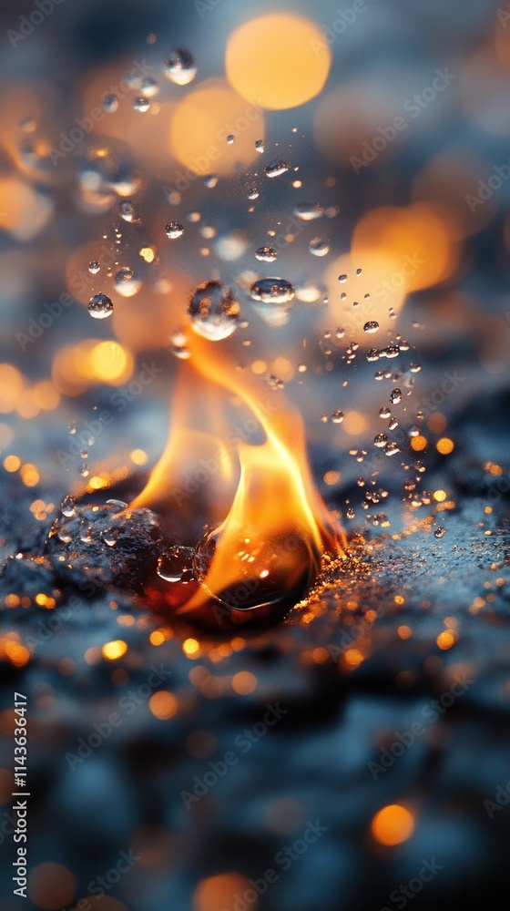 Poster close-up of a burning ember with shimmering droplets illuminated by the flames at night in a natural