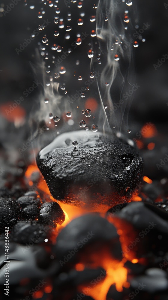 Poster close-up view of a glowing ember with water droplets forming and steam rising in an intense, fiery m