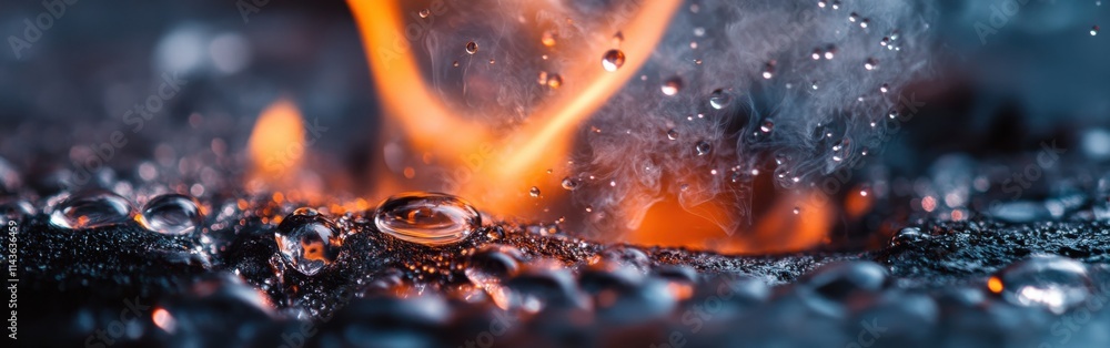 Aufkleber Close-up view of glowing ember igniting droplets in a dark setting during nighttime