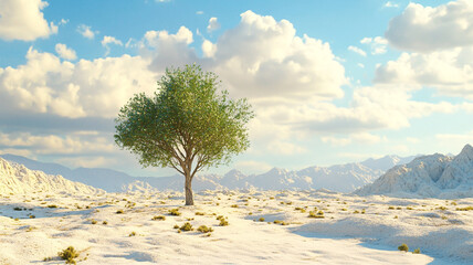 Solitary Tree in Serene Snowy Landscape
