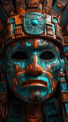 Obraz premium Detailed close-up of a ceremonial Aztec mask showcasing intricate designs and vibrant colors