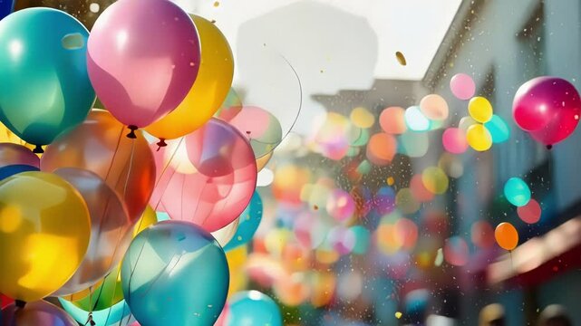 Blurred outlines of oversized balloons floating above the parade.