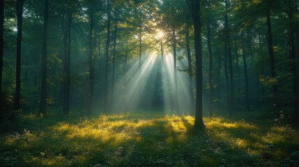 Obraz premium Sunbeams illuminating a misty forest clearing at dawn.