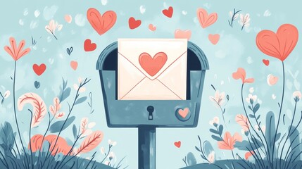 33.A fun, modern romantic flyer illustration featuring a crafted letter with heart symbols and a vintage mailbox, surrounded by light-hearted doodles and soft color accents, perfect for a sweet,