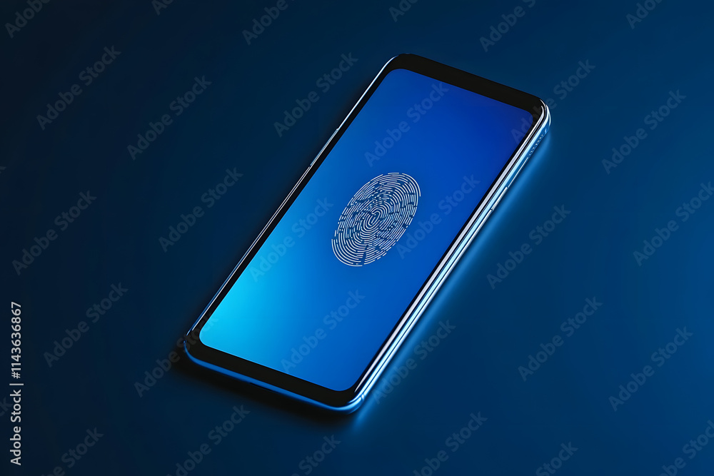 Poster smartphone with digital fingerprint scanning display on blue background, representing security and b