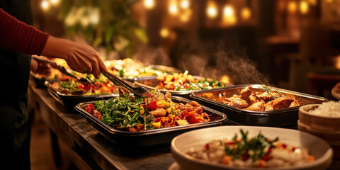Obraz premium A long table with several chafing dishes filled with different foods