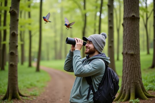 Man birdwatching in forest with binoculars and watching blue birds flying. - Powered by Adobe