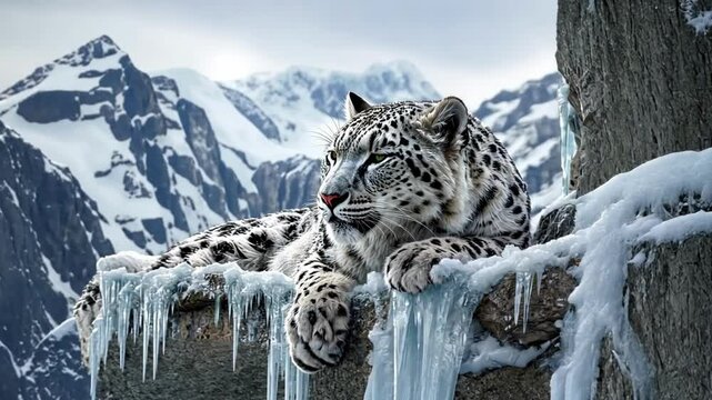 Majestic snow leopard resting on icy rocks in a stunning mountainous landscape