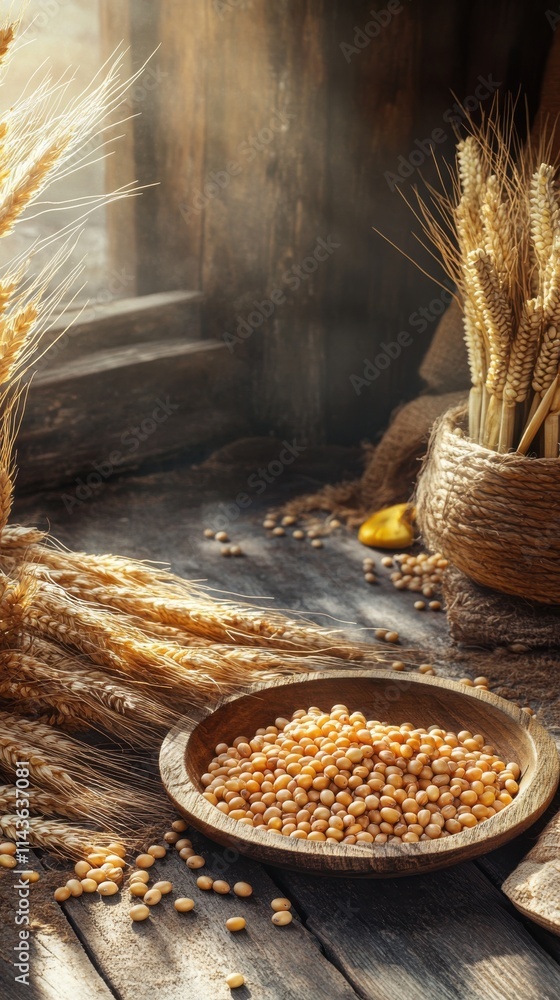 Poster Bountiful harvest of corn cobs and wheat in a rustic setting with sunlight streaming through the window