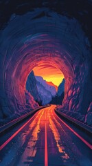 Striking Nighttime Landscape of a Winding Mountain Tunnel Illuminated by Vibrant Surreal Colored Lights Reflecting on the Wet Road Surface
