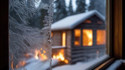 Winter Cabin Window Frost Patterns Glimmer Beautifully