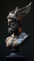 Fototapeta premium Bronze bust of Hermes showcasing intricate details and dynamic expression in a dramatic lighting setting