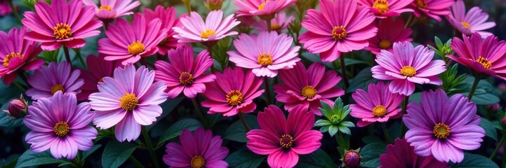 A bed of mixed purple and pink flowers with leaves and stems, mixed, pink