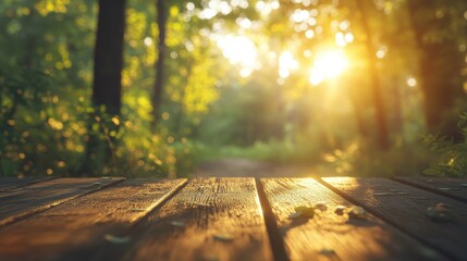 Wooden deck foreground blurred green forest background