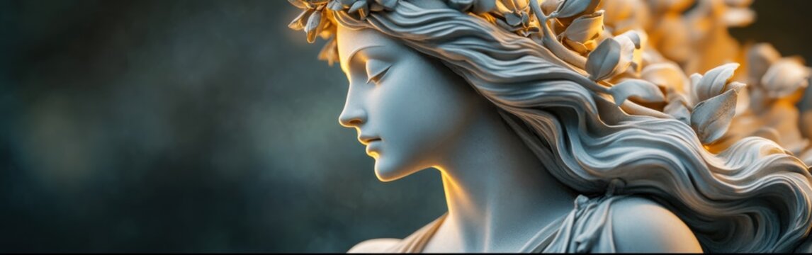 Detailed bust of Persephone showcasing intricate carvings and delicate floral adornments set against a soft, glowing background