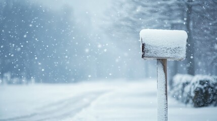 41.A lonely rural mailbox covered in a thick layer of fresh snow, standing against a wintry landscape during a snowstorm, with snowflakes gently falling and accumulating on the top and around the