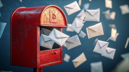 40.A nostalgic 3D composition featuring a bright red vintage mailbox with white envelopes flying out in all directions, each envelope rendered with realistic folds and shadows, set against a gradient